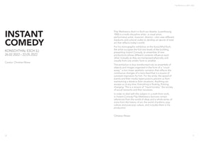 A minimalist two-page spread from an art publication. The left page features the title INSTANT COMEDY in bold black text, with details for the exhibition at Konschthal Esch in 2022. The right page contains a curatorial text by Christian Mosar about the artist Filip Markiewicz and the exhibition's concept.