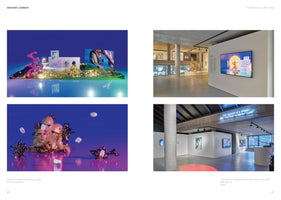 A two-page spread from an art book by Filip Markiewicz titled Instant Comedy. The left page shows two surreal digital artworks with blue and purple backgrounds. The right page features two photographs of a modern art gallery installation, including a screen and a neon sign on a concrete beam that reads The world is a stage but the play is badly cast.