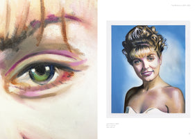 An art catalog page showing two oil paintings by Filip Markiewicz. On the left is an extreme close-up of a woman's green eye with purple and pink eyeshadow. On the right is a full portrait titled Laura Palmer, 2022, showing a smiling blonde woman with a tiara in her updo, wearing a white strapless dress against a blue background.