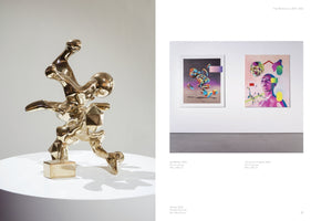 A page from a catalog for artist Filip Markiewicz, displaying three artworks. On the left is a full-page photo of a polished bronze sculpture named Infinity. The abstract figure is in a running pose, combining fluid, rounded shapes with sharp, polyhedral forms. On the right, two colorful surrealist paintings hang on a gallery wall. One, named Fail Better, shows an abstract biomorphic form. The other, The poem is liquid, is a vibrant portrait of a person looking up, surrounded by geometric and liquid shapes.