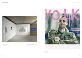 A two-page spread from an art book by Filip Markiewicz. The left page shows an art gallery installation view, featuring a large framed pencil drawing of a fox and a video animation. The right page shows an oil painting of a man in a green jacket with a mohawk and sunglasses, with pink graffiti spelling VOLK behind him. He wears a button that reads We Are The People.