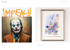 A two-page spread from an art book titled Instant Comedy by Filip Markiewicz. On the left, an oil painting from 2019 titled Impeach shows the Joker with the word IMPEACH spray-painted in orange above him. On the right, a framed pencil drawing from 2022, How do you sleep?, depicts a colorful, abstract metallic sculpture and a human eye.