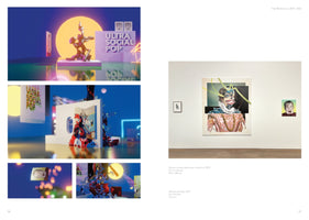 A two-page spread from an art catalog by Filip Markiewicz. The left page shows four colorful stills from a 3D animated film titled Ultrasocial Pop, depicting abstract digital scenes. The right page shows a gallery installation with three paintings on a white wall; the central piece is a large, surreal portrait of a figure with a mechanical mouth, flanked by two smaller artworks.