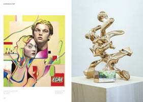 An art book spread titled ULTRASOCIAL POP. The left page shows a colorful pop art painting of a young Leonardo DiCaprio and a woman against an abstract background. The right page displays a polished, golden abstract bronze sculpture with both curved and geometric forms, resting on a wooden pedestal.
