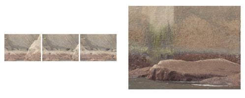 A composite image on a white background, showing four photographs of a rocky shoreline. On the left, three small, identical vertical images are arranged in a row, showing close-ups of beige and reddish rocks. To the right is a single large, square image of a textured rock face with green and red bands of color above rocks emerging from dark water.