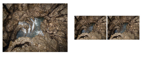 A triptych of photographs showing an overhead view of a stream flowing through a cave. The brown, wet rocks are highly eroded into a complex, porous, and lattice-like pattern. The largest image is on the left, with two smaller, similar images side-by-side on the right.