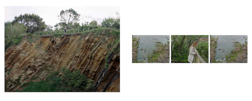 A composite image with two panels. The left panel shows a wide shot of a steep, layered rock cliff face with a wooden fence running along the grassy top. The right panel consists of three smaller images in a row, showing a woman with long hair leaning on the fence and looking down at the rocky, moss-covered shoreline below.