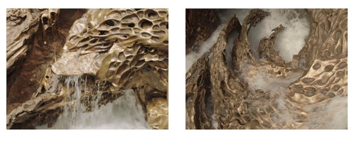 A two-panel image showing close-up details of a sculptural bronze fountain. The metallic structure has a highly textured, organic, and porous surface resembling a honeycomb or weathered bone. On the left, water cascades from an overhang, while on the right, churning white water flows around jagged, cavernous forms.