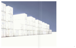 A stark, minimalist photograph of brightly lit white shipping containers stacked high in long rows that recede into the distance. The containers are set against a plain, dusky blue sky and a white ground, creating a strong geometric composition from a low-angle perspective across a two-page spread.