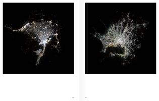 A two-page book spread with aerial photographs of two different cities at night, seen from space. On the left, the lights of Cairo and the Nile River valley form a bright, triangular cluster that tapers into a long, glowing line. On the right, the vast, web-like network of lights from the Tokyo metropolitan area spreads out around the dark shape of a bay.