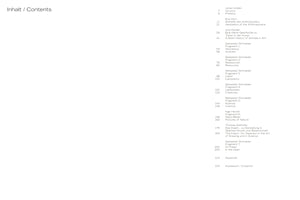 A clean, minimalist table of contents for a book, titled Inhalt / Contents. The chapters are listed in both German and English, with page numbers on the left. Entries include Preface, Aesthetics of the Anthropocene, A Brief History of Animals in Art, and several fragments focusing on topics like Activism, Resources, and Creatures.