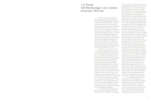 A page from a publication with a white background. At the top left, a title in a black sans-serif font reads: 1,5 Grad, Verflechtungen von Leben, Kosmos, Technik. Below the title, two columns of German text fill the page. The page number 7 is visible in the bottom right corner.