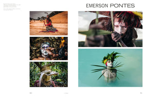 A two-page publication spread titled Emerson Pontes, displaying five striking photographs. The images feature people in elaborate, nature-inspired costumes and body paint, deeply connected to their environments. The photos show a figure in red on a dirt road, a painted face among foliage, a person in a wooden bird mask, another with a feather headdress peering through a leaf, and a figure covered in clay standing in turquoise water adorned with plants.