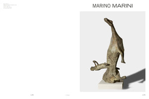 A two-page spread from an art book on Marino Marini, featuring a photograph of his 1953 bronze sculpture, Miracle. The abstract sculpture depicts a horse rearing up on its hind legs, its head and long neck stretched vertically towards the sky. A stylized rider is shown falling backwards off the horse, positioned horizontally with arms outstretched. The sculpture is on a white plinth against a light gray background.