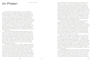 A two-page spread from a book or catalog with black German text on a white background. The left page, 202, is titled Im Freien. The right page, 203, continues the text. The layout is clean and minimalist, with two columns of text across the spread.