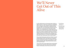A page layout from a book with a wide, solid coral-orange column on the left. The right side is white, featuring the title We'll Never Get Out of This Alive in orange serif text. Below is black body text about Australian dancer Vali Myers in 1950s Paris, with the page number 021 in the bottom right corner.