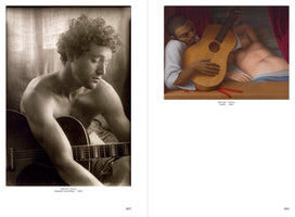 A two-page book spread featuring two artworks. On the left is a black-and-white 1952 photograph by Edmund Teske of a shirtless, curly-haired man, Ramblin' Jack Elliott, looking down at his guitar. On the right is a 1957 color painting by George Tooker, Guitar, showing a Black man tenderly cradling a guitar next to a reclining, shirtless man.