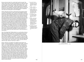 A two-page book spread with text on the left page. The right page features a black and white 1960 photograph of a smiling, bearded Allen Ginsberg in a plaid shirt and glasses, bending over while his Siamese cat stands on his back.