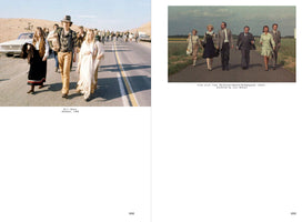 A two-page book spread contrasting two images. On the left, a 1969 photo by Bill Owens shows a large crowd of young people in casual attire walking down a sunny highway at Altamont. On the right, a 1972 film still from The Discreet Charm of the Bourgeoisie shows six formally-dressed adults walking down a narrow country road.