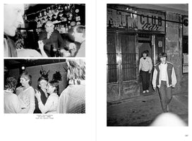 A two-page book spread featuring black and white photographs. The left page shows two photos: the top one captures a crowded bar scene with a bartender leaning over the counter, and the bottom one shows several people socializing in a club. The right page has a single photo of two young men exiting a rundown building with a CLUB bar sign above the entrance at night.