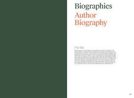 A book page with a two-column design. The left column is a solid dark green. The right column is white, featuring the title Biographies Author Biography in green and orange serif font. Below the title is a paragraph of text, which is the biography of Russell Ferguson, beginning with b. 1956, Glasgow. The page number 199 is in the bottom right corner.