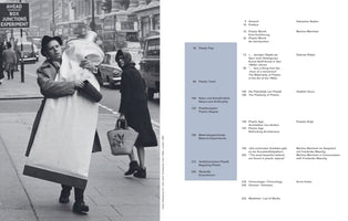 A two-page spread from a book about plastic in art. On the left is a black-and-white photograph of artist Claes Oldenburg on a busy London street in 1969, carrying a giant, soft sculpture of a toothpaste tube. On the right is the book's table of contents in German and English, with chapter titles like Plastic Pop, Plastic Trash, and Plastic Utopias.