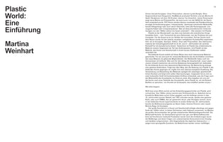 A book page with black German text on a white background. On the left, a large title reads Plastic World: Eine Einführung, with the author's name Martina Weinhart below it. On the right, a column of text continues the article, with the page number 13 in the top-right corner.