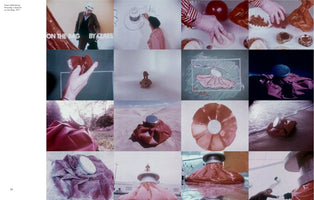 A grid of sixteen film stills from Claes Oldenburg's 1971 work, Possibly a Special on the Bag. The images show the artistic process and various versions of a soft, red sculpture resembling an ice bag with a silver cap. The stills depict drawings, small models, and large-scale, inflatable versions of the object in different settings, including a desert, a beach, and floating on water.