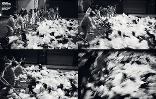 A four-panel grid of black-and-white photographs by Francis Alÿs from the series Barrenderos. The photos document a performance where a line of street sweepers collaboratively pushes a large wall of ice and refuse down a city street at night. The images progress from a clear view of the workers to dynamic, motion-blurred close-ups that abstract the collective effort.