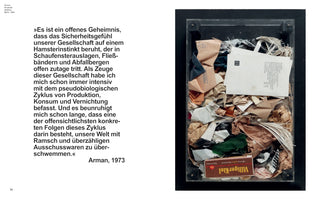 A page from an art book showing an artwork by Arman. On the left is a long quote in German attributed to Arman, 1973. On the right is a photograph of his artwork, Poubelle (1964), which is a transparent, black-framed box densely filled with an accumulation of trash, including crumpled paper, fabric scraps, a white card, and a Villiger-Kiel cigar box.