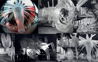 A photo collage of Otto Piene's 1976 art installation, Anemones: An Air Aquarium. The images, mostly in black and white with one color fisheye shot, show enormous, translucent, inflatable sculptures resembling sea creatures like lobsters and anemones. The glowing forms are suspended from the ceiling in a large exhibition hall.