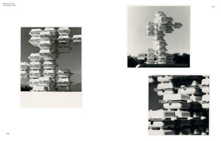 A page layout with three black and white photographs of Wolfgang Döring's 1966 architectural model, Stapelhäuser. The images show the futuristic, tower-like structure, composed of stacked, white, modular pods interconnected by tension wires, from different angles and in close-up detail.