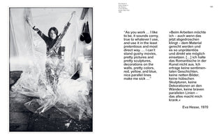 A book page featuring a black and white photo of artist Eva Hesse in her Bowery studio in 1969 on the left. She stands with her arms raised, holding up a large, crinkled sheet of translucent plastic that envelops her. On the right, a quote from Hesse is printed in English and German, where she rejects sentimentality and prettiness in art in favor of a direct and unpretentious use of materials.
