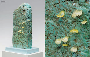 A split-panel image of a sculpture. The left panel shows the full artwork: a tall, rough, turquoise-colored monolith on a light blue base, with small, pale yellow fungi sprouting from its surface. The right panel is a close-up view, highlighting the delicate, translucent, fan-shaped fungi against the sculpture's mottled and pitted texture.