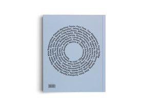 The back of a book with a light blue cover, resting on a white surface. The cover features a large, circular graphic composed of numerous names printed in black, arranged in concentric lines. In the bottom left corner, a barcode and ISBN are visible.