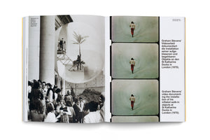 An open book displays two pages about inflatable art installations from the 1970s. The left page has a black-and-white photo of Haus-Rucker-Co's Oase Nr. 7, a large bubble with a palm tree attached to a building. The right page features three color film stills from Graham Stevens' video work, showing a person running on an inflatable surface.