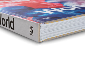 A close-up, angled shot of a thick book on a white background. The book has a gray spine with the publisher's name, Hatje Cantz, and part of the title, World, in black text. The front cover features a colorful abstract design in blue and red with large white letters.