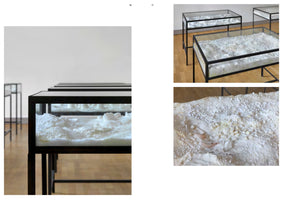 A composite image with three photographs of an art installation in a gallery. The installation consists of several rectangular glass display cases on tall, thin, black metal frames. Inside each case is a sculpted, miniature landscape made of a textured, white, granular substance with small, embedded forms. The photos show the installation from various angles and distances.