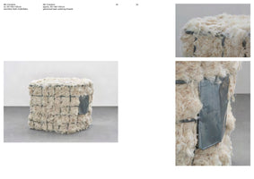 An art catalog page displaying three photos of a sculpture titled IBC Container. The main photo on the left shows the full, cube-shaped artwork, which is a galvanized steel cage filled and overflowing with masses of white, fibrous polishing threads. Two smaller close-up photos on the right show details of the fluffy texture and a metal panel on the side of the sculpture. Text at the top lists the title, dimensions, and materials.