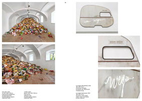 A page from an art catalog, number 48, showing two different artworks. On the left, two large photos depict a massive pile of colorful, discarded food cartons filling a long, white gallery with an arched ceiling. On the right, three smaller photos show a wall sculpture shaped like the side of a camper van, one with a white neon sign and two others showing close-up details. Descriptive text in German and English accompanies the images.