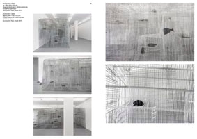 A page from a publication displays five photographs of a large, rectangular sculpture in a white gallery. The artwork, titled OUTPUT, is a cage-like structure made of a semi-transparent, silver metal grid. Dark pieces of clothing are pressed into and contained within the mesh walls. The layout includes three wide shots of the installation and two close-ups showing the texture of the materials.