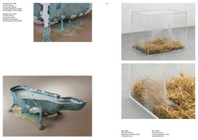 A page from an art catalog showing two sculptures with accompanying text. On the left are two images of Dead Sea Tub, 2008, a greenish bronze bathtub encrusted with white salt crystals and overflowing with a solidified yellow substance. On the right are two views of Stal, 2008, a clear rectangular case filled with straw from which a white vapor is rising.