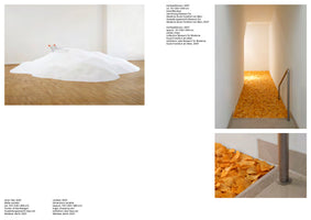 A composite image showing two art installations with descriptive text. On the left, a large mound of white sugar sits on a wooden gallery floor with a small shopping cart embedded in it. On the right, two photos show a narrow, brightly lit staircase filled from wall to wall with a thick layer of potato chips.