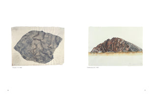 A two-page spread from an art book. On the left, page 16 shows a watercolor of a large, abstract blue-gray shape on textured paper, captioned Padule, 17. 9. 1994. On the right, page 17 shows a watercolor of a low, rocky formation in brown and gray tones, captioned Collelungo, 28. 7. 1997.