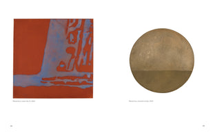 An art catalog spread showing two abstract artworks against a white background. On the left, a square piece from 2004, Maremma, rosso-blu XI, displays a light blue, stencil-like shape on a terracotta red field. On the right, a circular piece from 2004, Maremma, orizzonti tondo, is composed of earthy brown tones, split horizontally into two sections, resembling a horizon.
