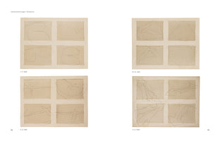 A book page titled Viererzeichnungen / Quaterna, showing four artworks against a white background. Each artwork consists of a two-by-two grid of four beige paper squares, and each square contains a single, continuous abstract line drawing in pencil. The artworks are dated 1986, 1987, 1986, and 1989.