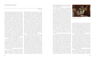 A two-page spread from a book, featuring an interview in German with artist Jan Jedlička. The text is laid out in two columns on each page. On the right page, there is a small color photograph, a film still from Le Cuoche, 1998, showing three women in a kitchen.
