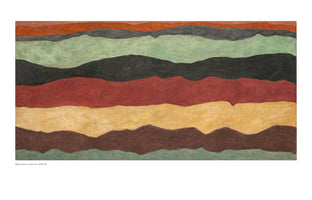 An abstract painting of a stylized landscape, featuring several horizontal, wavy stripes of muted colors like green, red, black, yellow, and brown, stacked to resemble rolling hills or geological strata.