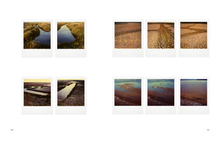 A two-page book spread displaying ten instant photographs of landscapes, arranged in four groups against a white background. The top-left photos show a river winding through a grassy marsh. Top-right photos show a dry, cracked riverbed. Bottom-left photos show a wide river channel at dusk. Bottom-right photos show a vast, shallow tidal flat with colorful, distorted light. Page numbers 100 and 101 are visible at the bottom corners.