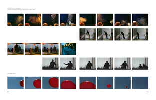 A page from a publication showing stills from two video works from 2001. The top work, 16 Sketches of Dialogue, shows four rows of images: clouds of smoke over an audience, a person pushing a block down a hall, an outdoor evening scene, and a person's silhouette gesturing. The bottom work, Air, is a sequence of stills showing a red balloon floating away into a blue sky.